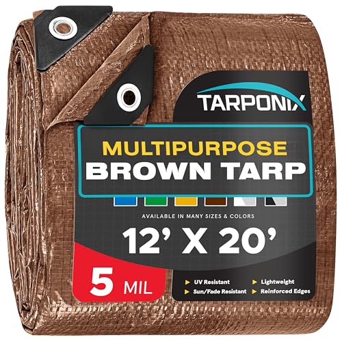 Brown Poly Tarp 12 x 20 Lightweight 5 Mil Waterproof Cover Durable, Weatherproof, Multipurpose Protection for Camping, Roofing, Construction