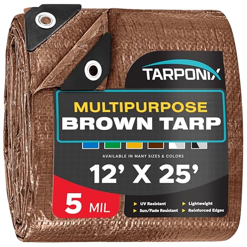 Brown Poly Tarp 12 x 25  Lightweight 5 Mil Waterproof Cover  Durable, Weatherproof, Multipurpose Protection for Camping, Roofing, Construction