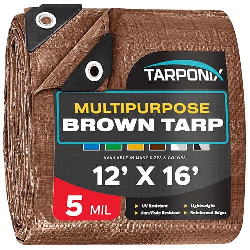 Brown Poly Tarp 12 x 16  Lightweight 5 Mil Waterproof Cover  Durable, Weatherproof, Multipurpose Protection for Camping, Roofing, Construction