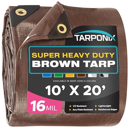 Super Heavy-Duty Brown Tarp 10' x 20'  16 Mil Thick, All-Weather Waterproof Cover with Reinforced Edges and Sturdy Grommets