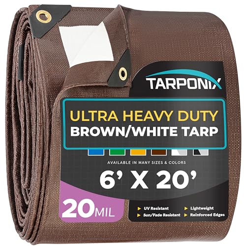 6' x 20' Ultra Heavy Duty Tarp  20 Mil Brown/White Waterproof Outdoor Cover, UV Protection, Reinforced Corners, Ideal for Camping, Tent, and Outdoor Use