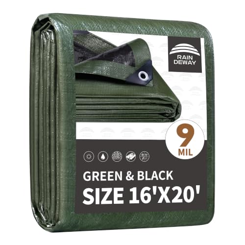RAINDEWAY Tarps 16x20 Feet,Tarp Waterproof,9Mil Thick,Finished Size,Multipurpose Poly Tarp Cover with Metal Grommets and Reinforced Edges,Green/Black Tarpaulin