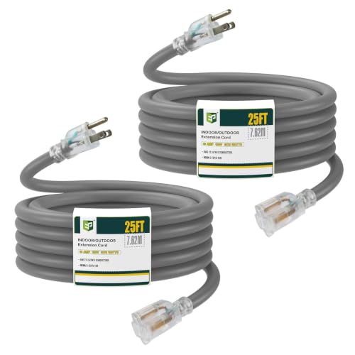 EP 2 Pack 25 Ft Lighted Outdoor Extension Cord - 12/3 SJTW Heavy Duty Grey Extension Cable with 3 Prong Grounded Plug - Power Cord for Lawn, Garden, Appliances