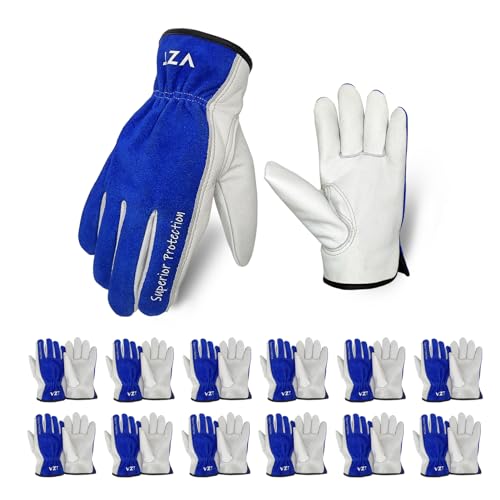 12 Pairs Bulk Leather Work Gloves for Men or Women for Construction, Wood cutting, Driving, Gardening, Automotive Repair, Water Resistant, Soft, Cowhide, Class 4 Abrasion Resistant, Blue-White, L