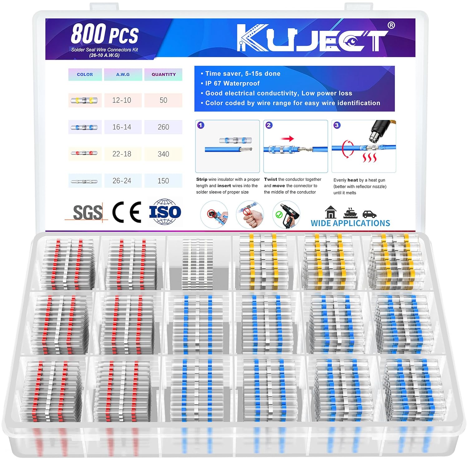 Kuject Heat Shrink Solder Seal Wire Connectors Kit 800PCS, Waterproof Butt Connector Heat Shrink Electrical Terminals, Insulated Solderless Wiring Splice Connectors for Marine Automotive Boat Truck