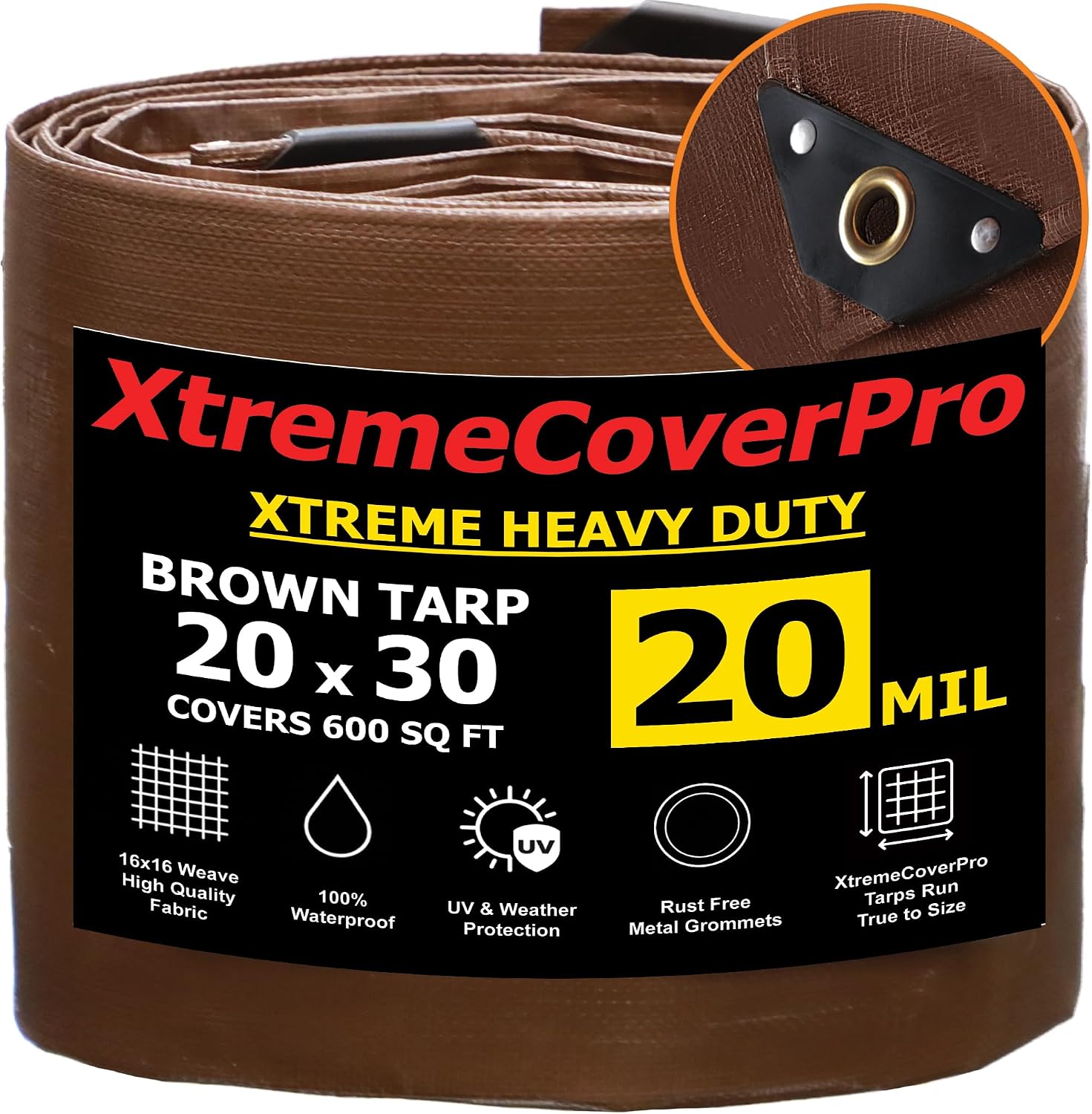 20' x 30' Brown Super Ultra Heavy-Duty Tarp  20 Mil Waterproof & UV-Resistant 20x30 - Large Outdoor Tarp, Waterproof Cover for Rain Camping, Tent, UV Protection, Reinforced Corners