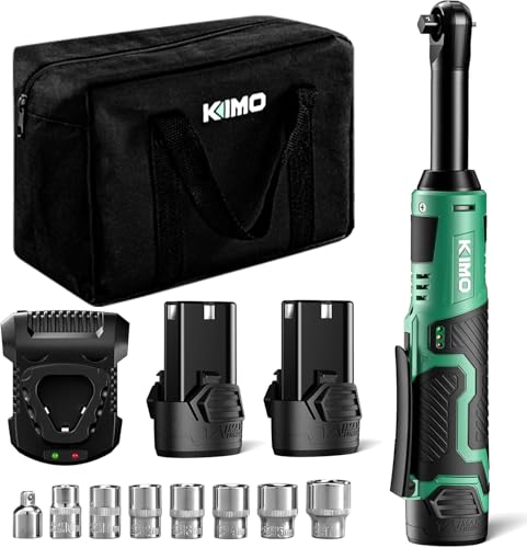KIMO 3/8" Extended Electric Ratchet Wrench Set, 400RPM 40Ft-Lbs 12V Cordless Ratchet Wrench w/ 2x2.0 Ah Batteries, 1Hour Charger, 7Sockets & 1/4" Adapter, Power Ratchet with Variable Speed & LED Light