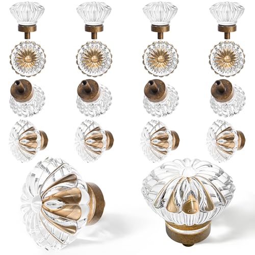 Crystal Cabinet Knobs Cabinets Knob, 16 Pack Flower Antique Brass Vintage Glass Clear Crystal Small Pull for Closet Dresser Drawers Cupboard Wardrobe, Alloy Retro Pulls Old Style Bronze Drawer Handle