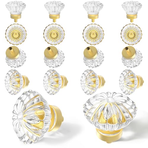 Brushed Gold Crystal Cabinet Knobs Cabinets Knob, 16 Pack Flower Vintage Glass Clear Crystal Small Pull For Closet Dresser Drawers Cupboard Wardrobe Solid Alloy Retro Pulls Old Fashioned Drawer Handle