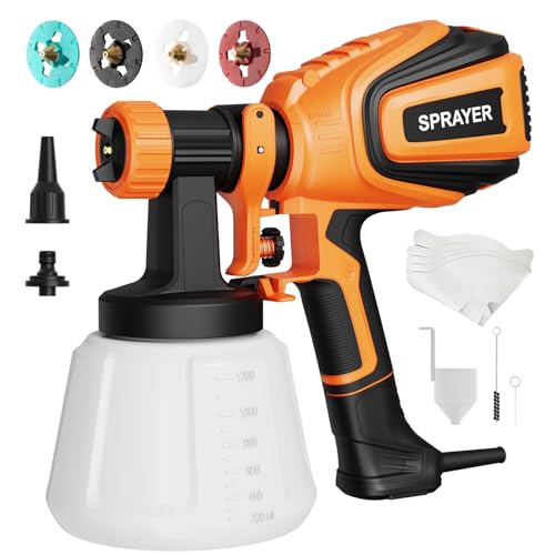 Paint Sprayer, 700W HVLP Spray Gun with Cleaning & Blowing Joints, 4 Nozzles and 3 Patterns, Easy to Clean, for Furniture, Cabinets, Fence, Walls, Door, Garden Chairs etc. VF803 Orange