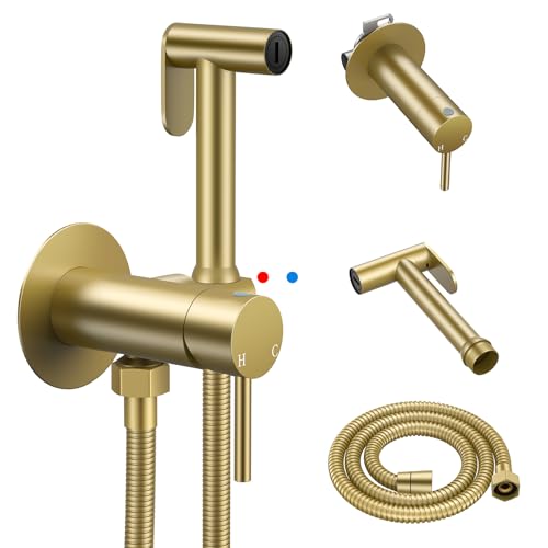 Arofa Built-in Hot and Cold Handheld Bidet Sprayer for Toilet, Gold Warm Water Bidet with Adjustable Water Flow, Dual Control Mode Muslim Shower with Spray Hose for Feminine Wash, Wall Mounted
