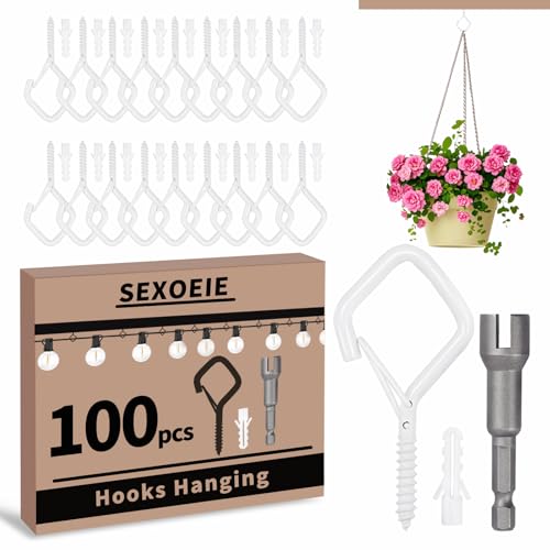 100 PCS White Eye Screw Hooks for Hanging Heavy Duty with Safety Buckle.Metal Ceiling Hooks for Hanging Plants Cup Wind Chime Bird Feeders Patio Lights at Indoor&Outdoor