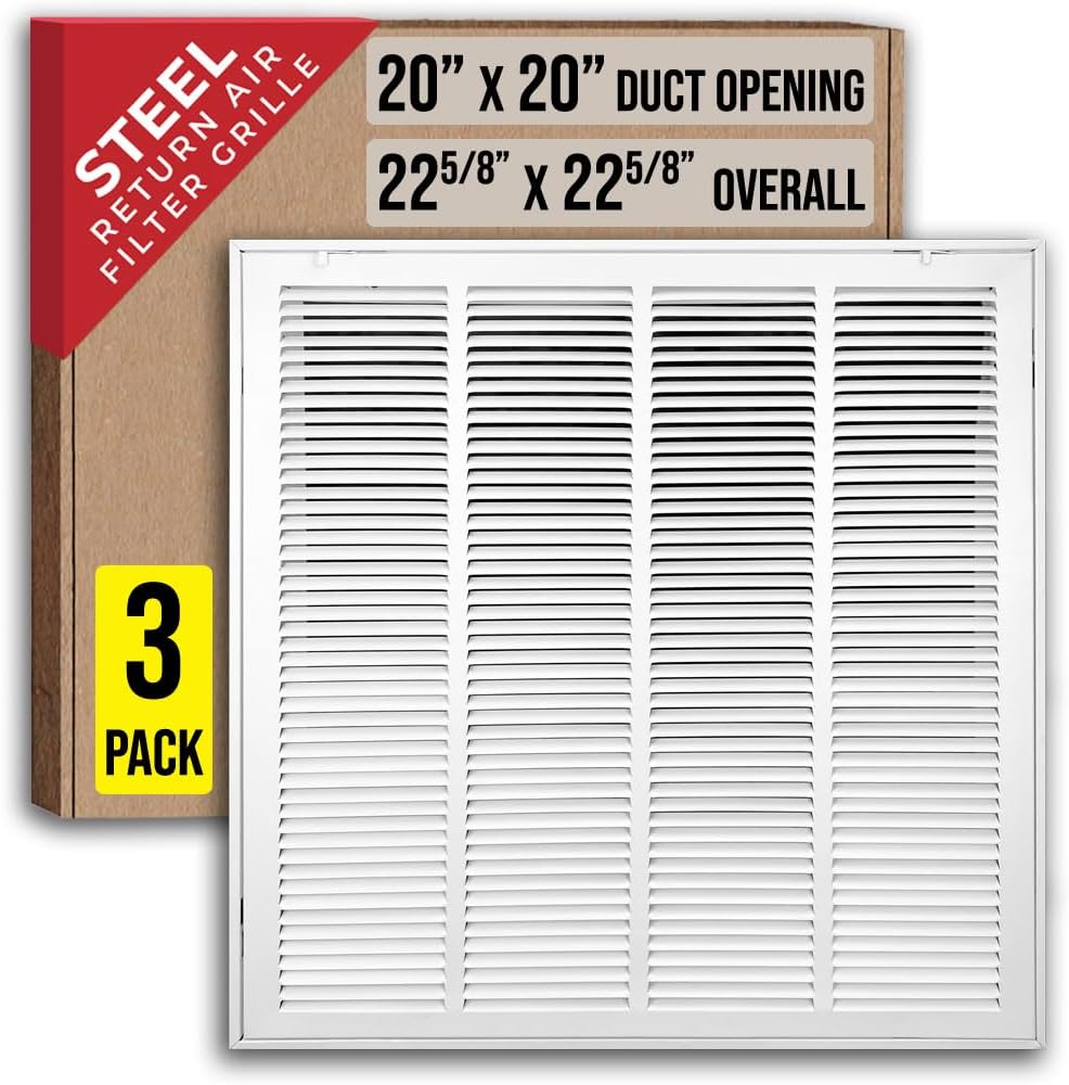 [3 Pack] Fits 20x20 Duct Opening | Steel Return Air Filter Grille by Handua [Removable Door] for 1-inch Filters | Vent Cover Grill | White | HVAC Cold Air Intake Grille | Out Dim: 22 5/8"W X 22 5/8"H