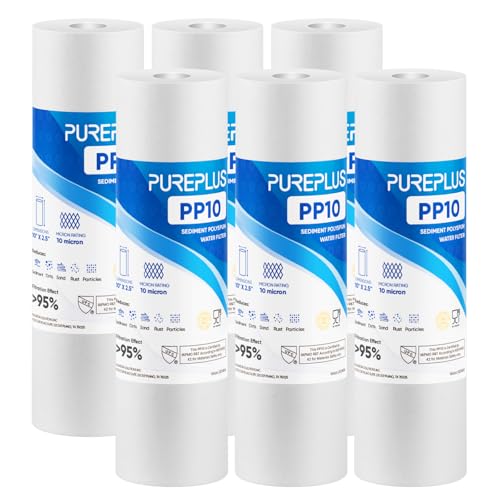 PUREPLUS 10 Micron 10" x 2.5" Whole House Sediment Home Water Filter Cartridge Replacement for Any 10 inch RO Unit, Culligan P5, Aqua-Pure AP110, Dupont WFPFC5002, CFS10, WHKF-G05, 6Pack