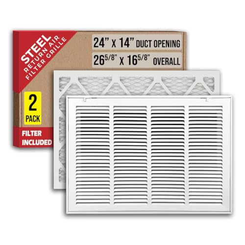 [2 Pack] Fits 24x14 Duct Opening | Filter Included Steel Return Air Filter Grille by Handua [Removable Door] for 1-inch Filters | Vent Cover Filter Grill | White | Out. Dim.: 26 5/8"W X 16 5/8"H