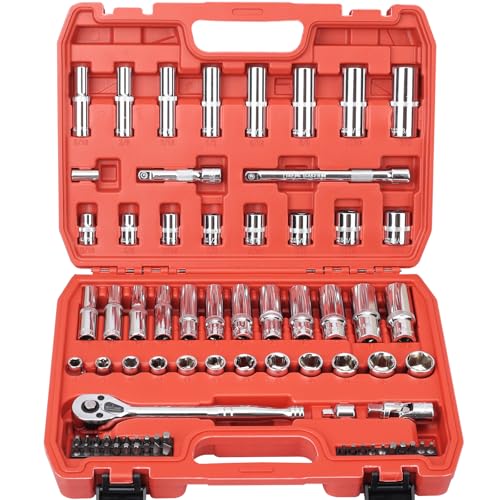 3/8 Drive Socket Set, 76 Pieces Ratchet Wrenches Set, Standard and Deep Metric (8 to 19mm)/SAE (5/16 to 3/4 inch) Size, with 72-Tooth Ratchet for Auto Repairing and Household, with Storage Case