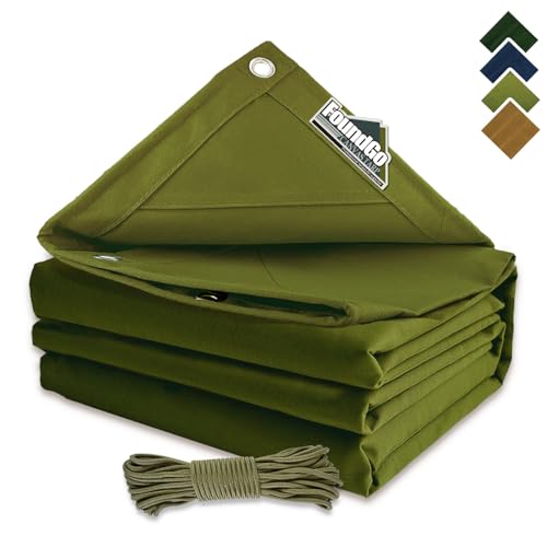 FoundGo 10x16ft Canvas Tarp 22 Mil Tarps 14 oz Canvas Tarpaulin Heavy Duty Cloth Water/UV Resistant Cover with Rustproof Grommets & Ropes for Cars,Roofs,Boats,Camps,Sunshades,Moisture Barrier -Avocado