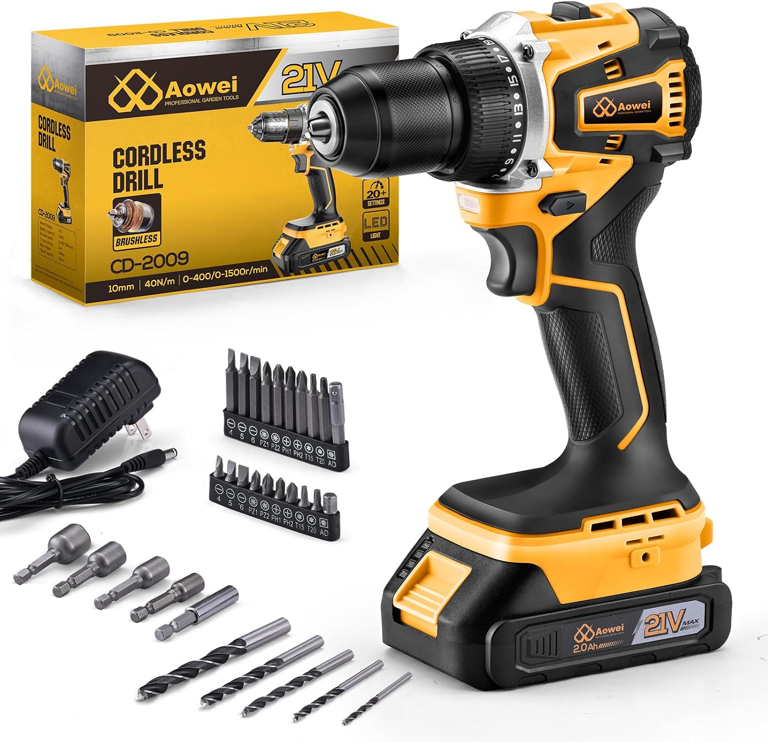 21V Lithium-Ion Cordless Drill Set, Brushless, Compact Type, including Battery, Charger and 3/8-inch Keyless Chuck; Cordless Lithium-Ion Drill Kit (Yellow)