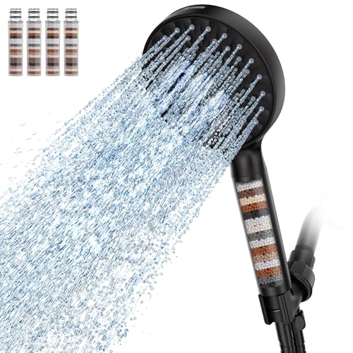 Filtered Shower Head with Handheld, High Pressure 9 Spray Mode Matte Black Showerhead with 4 Filters, Detachable Shower Head, Water Softener Filters Beads for Hard Water - Remove Chlorine