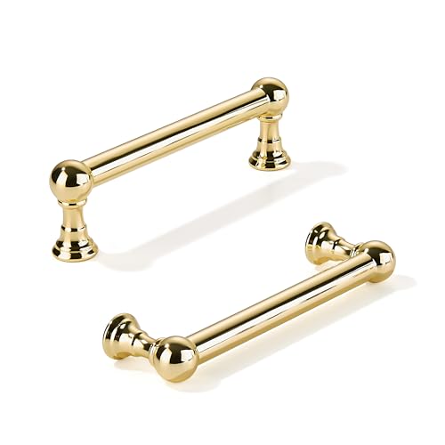 khtumeware 10 Pack 3-3/4 Inch Hole Center Polished Brass Cabinet Pulls Heavy Duty Solid Polished Gold Cabinet Handles cabinets Dressers Kitchens Handles Bathroom cabinets