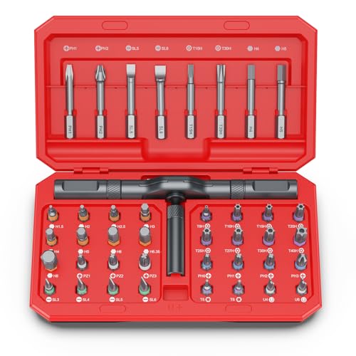 42 in 1 Magnetic Screwdriver Set, DIY Ratchet Screwdriver Set, Multi Bit Magnetic Drive Set with Detachable Ratchet Handle, Portable Compact Repair Tool Kit for Furniture Computer Bicycle Red