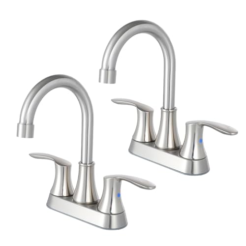 Friho Brushed Nickel Bathroom Faucet, Centerset Lead-Free Modern Commercial 2-Handle RV Bathroom Sink Faucet, 3 Hole 4 inch Bath Faucet with Drain Stopper and Water Hoses, 2 Pack