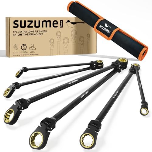SUZUME Extra Long Flex Head Ratcheting Wrench Set 6PCS (8-19mm) Double Box End Metric EVA Foam 180 Flexible Head 15K Gear Cycles Tested Black Chrome Finish CR-V Steel for Tight Engine Bays with Pouch