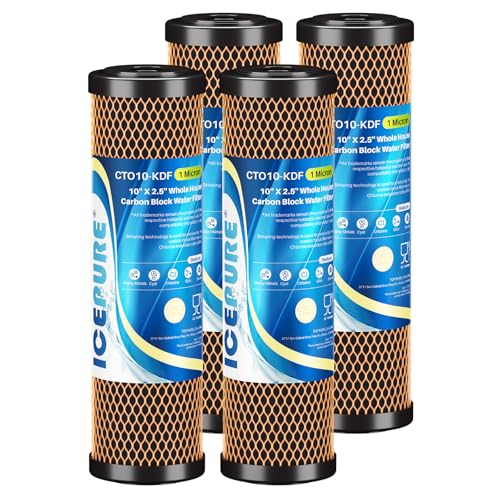 ICEPURE 1 Micron 2.5" x 10" Whole House Water Filter Coconut Shell Activated CTO Carbon and KDF Cartridge for Home, Compatible with WFPFC8002, WFPFC9001, FXWTC, SCWH-5, WHEF-WHWC, AMZN-SCWH-5, 4PACK