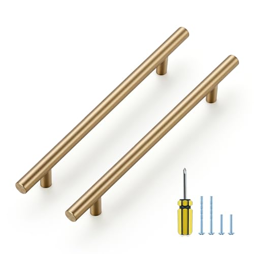 Ravinte 30 Pack Kitchen Cabinet Handles Champagne Bronze 6-1/4 Inch Hole Center Stainless Steel Pulls for Dresser Drawer Cupboard Handles with Screwdriver, 8-13/16 Inch Length