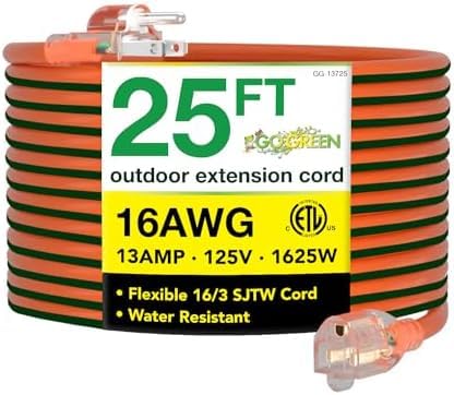 Go Green Power Inc. 16/3 25ft Outdoor Extension Cord with Lighted End - Contractor Grade, Durable, and Moisture Resistant - Ideal for Heavy Duty Tools - GG-13725 (Pack of 12)