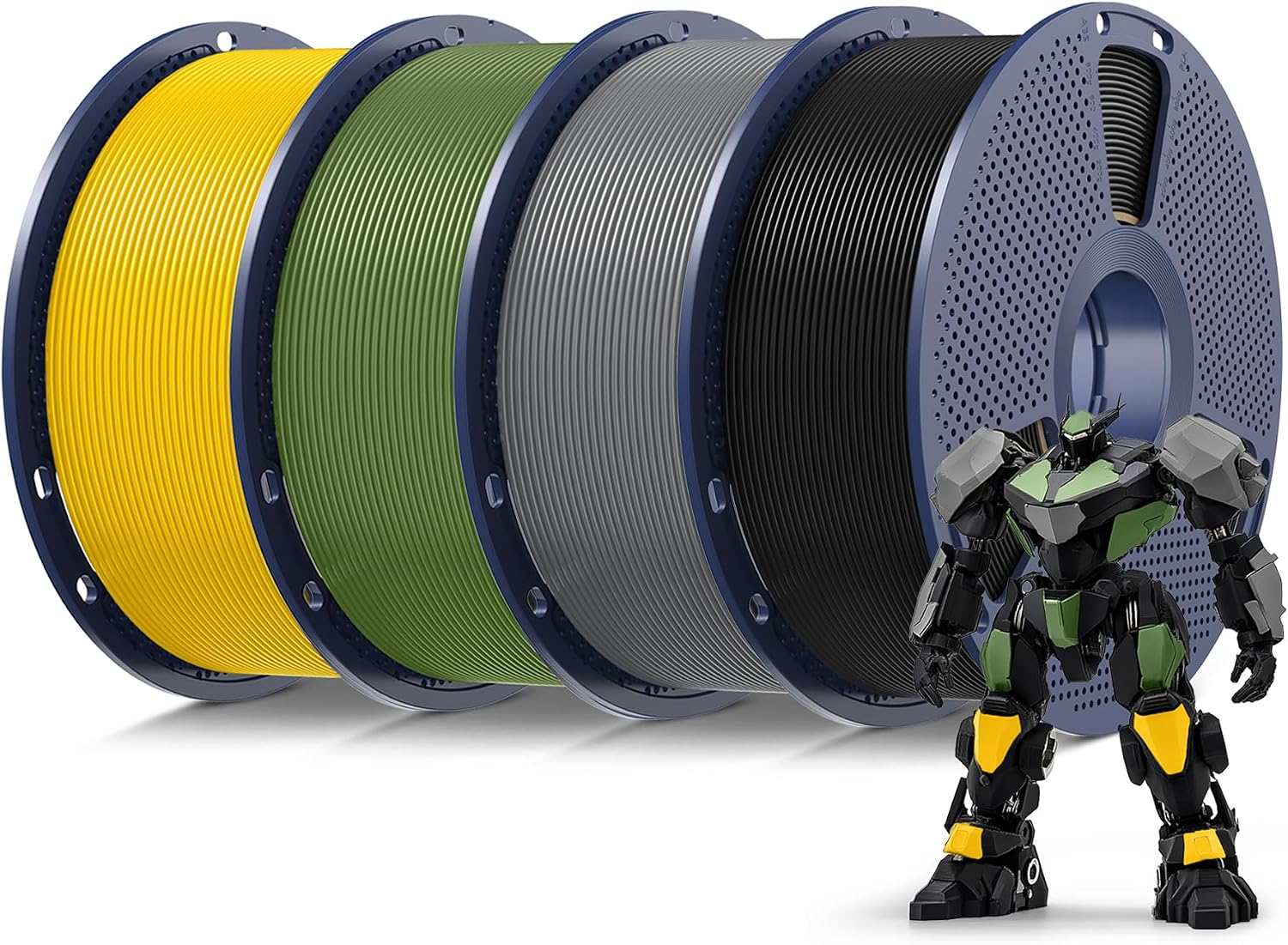 SUNLU 4kg PLA 3D Printer Filament Bundle Multicolor, Neatly Wound PLA Filament 1.75mm 0.02mm, Individually Vacuum Packed, 4kg in Total, 1kg per Spool, 4 Pack, Black+Grey+Olive Green+Vivid Yellow
