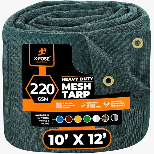 Xpose Safety Heavy Duty Green Mesh Tarp 10' x 12'  70% Sunblock Shade Cloth with Grommets for Garden, Fence, Privacy Screen, Canopies, Dump Trucks, Pool Cover  Tear & Weather Resistant