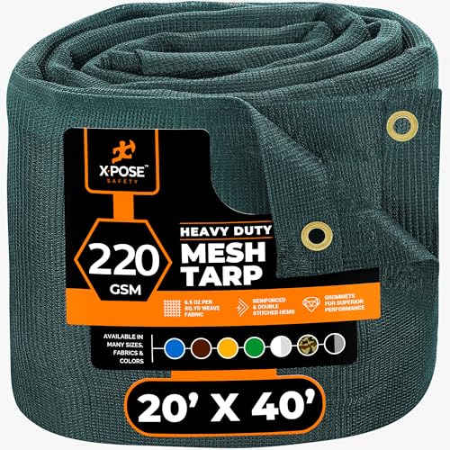 Xpose Safety Heavy Duty Green Mesh Tarp 20' x 40'  70% Sunblock Shade Cloth with Grommets for Garden, Fence, Privacy Screen, Canopies, Dump Trucks, Pool Cover  Tear & Weather Resistant