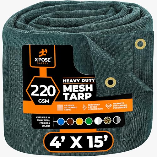 Xpose Safety Heavy Duty Green Mesh Tarp 4' x 15'  70% Sunblock Shade Cloth with Grommets for Garden, Fence, Privacy Screen, Canopies, Dump Trucks, Pool Cover  Tear & Weather Resistant