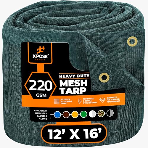 Xpose Safety Heavy Duty Green Mesh Tarp 12' x 16'  70% Sunblock Shade Cloth with Grommets for Garden, Fence, Privacy Screen, Canopies, Dump Trucks, Pool Cover  Tear & Weather Resistant