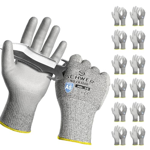 Schwer 12 Pairs ANSI A5 Cut Resistant Work Gloves, Cut Proof Gloves with PU Coating, Used for Metal Fabrication, WoodWorking, Construction, Non Slip, Durable, XS, CR3088