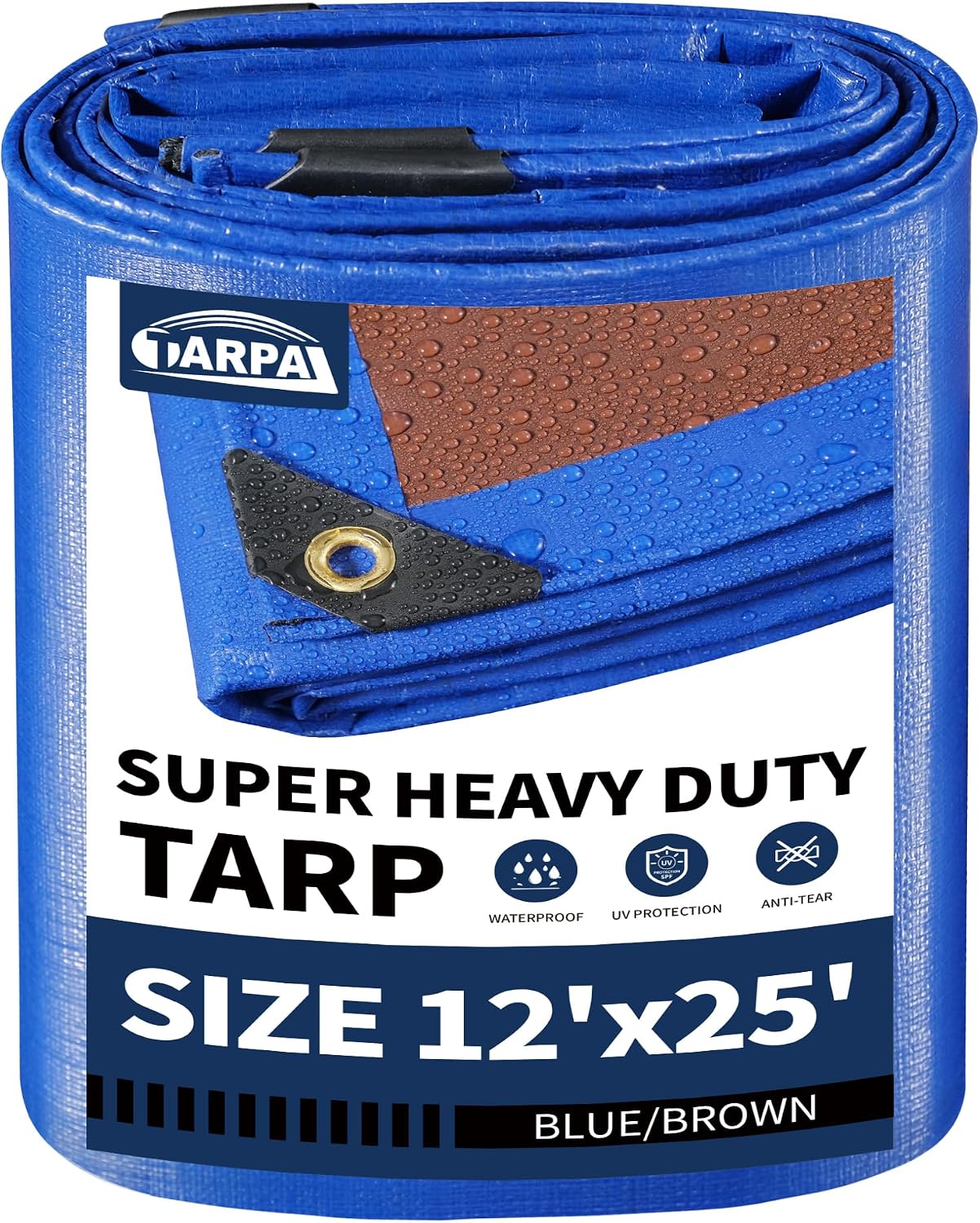 TARPAL 12x25ft Waterproof Heavy Duty Tarp 16Mil Thick with Metal Grommets Every 17.7" Large Multipurpose Tarp Tear-Resistant UV Protection Covers Roof, Pool,Car,Firewood&Outdoor Furniture(Blue/Brown)