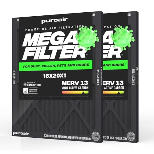 PuroAir Mega Filter - MERV 13 16x20x1 Air Filters For Home With Activated Carbon - Filters Allergens, Pet Dander, Smoke, Dust - Furnace and AC Filters - Air Filters 16x20x1 MERV 13 (2 Pack)