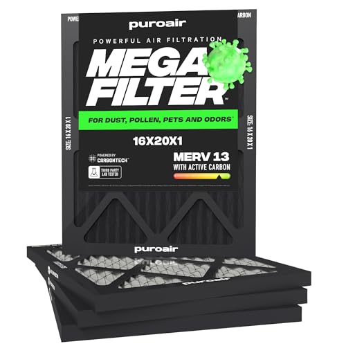 PuroAir Mega Filter - MERV 13 16x20x1 Air Filters For Home With Activated Carbon - Filters Allergens, Pet Dander, Smoke, Dust - Furnace and AC Filters - Air Filters 16x20x1 MERV 13 (4 Pack)