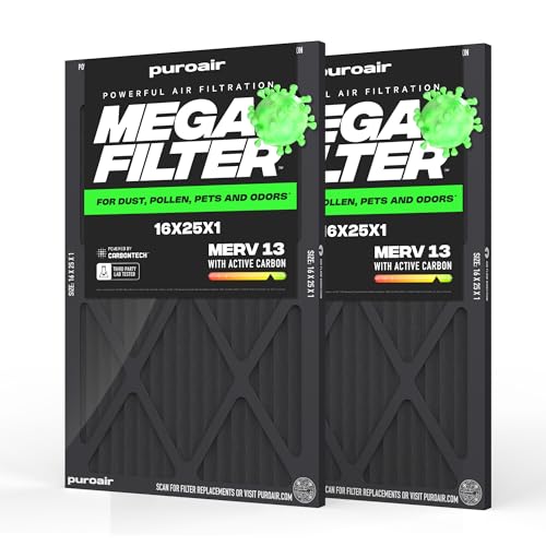 PuroAir Mega Filter - MERV 13 16x25x1 Air Filters For Home With Activated Carbon - Filters Allergens, Pet Dander, Smoke, Dust - Furnace and AC Filters - Air Filters 16x25x1 MERV 13 (2 Pack)
