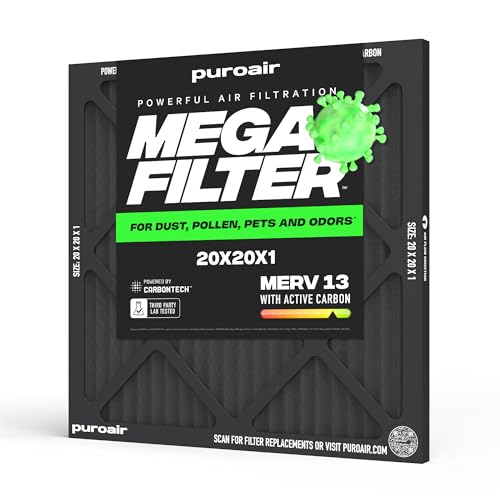 PuroAir Mega Filter - MERV 13 20x20x1 Air Filters For Home With Activated Carbon - Filters Allergens, Pet Dander, Smoke, Dust - Furnace and AC Filters - Air Filters 20x20x1 MERV 13 (4 Pack)