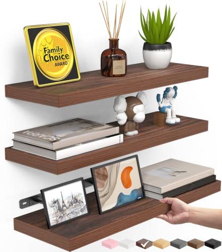 BAYKA Floating Shelves for Wall, Wall Mounted Rustic Wood Shelves for Bathroom, Bedroom, Living Room, Kitchen,Small Hanging Shelf for Books/Storage/Room Decor (Walnut-Like, Set of 3, 15.7in)