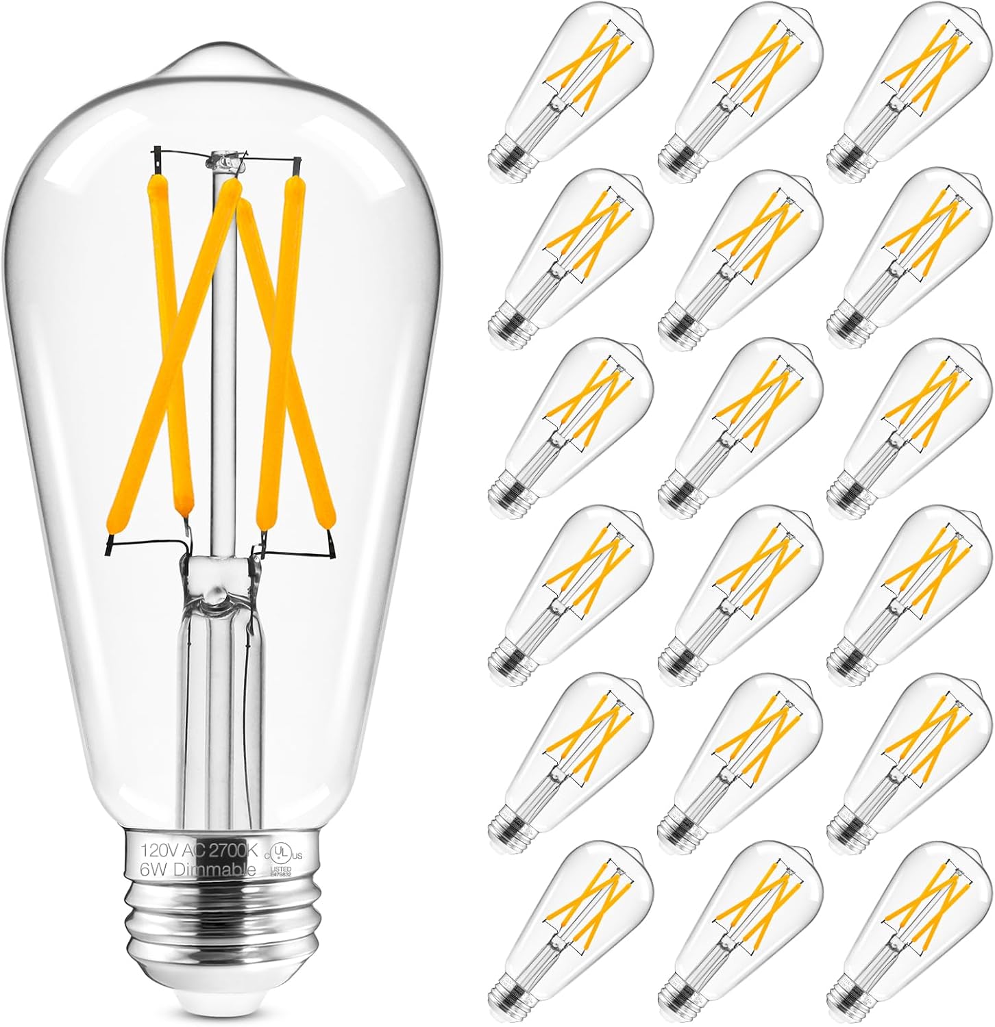 Hizashi Vintage LED Edison Bulb Dimmable, 6W Equivalent 60W, E26 Base Light Bulbs, 2700k Warm White, 700LM, High CRI 95+ Eye Protection, Clear Glass, Pack of 18