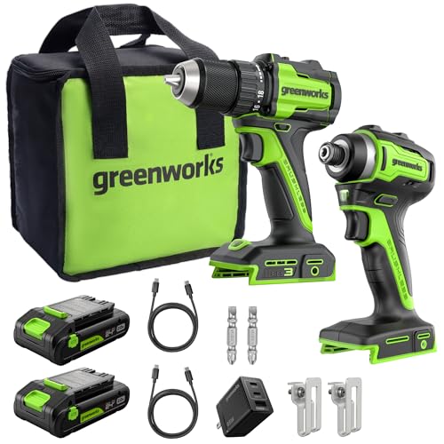 Greenworks 24V Cordless Brushless 400 in-lbs Drill/Driver+1950 in-lbs Impact Driver Combo,High Torque, Lightweight, (2) 2.0Ah USB-C Batteries(12,000mAh Power Bank) and 65W USB-C Fast Charger(3-Port)