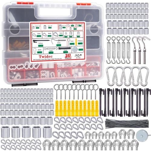 Twidec/317PCS 304 Stainless Steel Wire Rope Cable Thimbles Kit Turnbuckles for Cables Wire,Tension Steel Cable Install for Outdoor,Garden,Kitchen,Sun Shade Hardware,String Light Hanging,Camping Kit