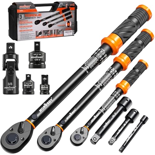 3Pack Torque Wrench Set, 1/4", 3/8", 1/2" Drive Click Torque Wrench Extra with Extension Bars & Adapters, Dual-Direction Adjustable Precision Torque Wrenches for Car, Motorcycle, Bike DIY Maintenance