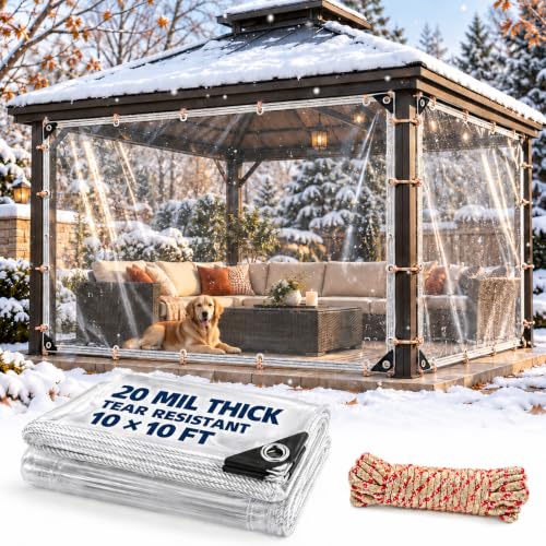 Clear Tarps Heavy Duty Waterproof 10x10 Ft, 20Mil PVC Transparent Vinyl Tarpaulin for Home, Clear Tarps with Grommets for Patio, Outdoor Porches, Pavilion Rain Shield, Winter Rainproof Canopy Fabric