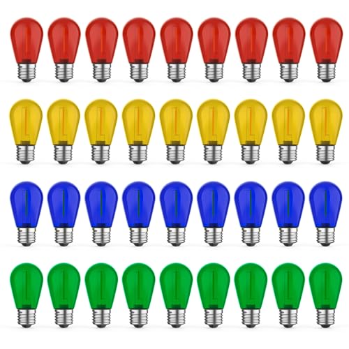 36 Pack LED S14 Colored Light Bulbs for Outdoor String Lights, Shatterproof 1W Replacement Bulbs for Party Lights, 2200K Warm White, Dimmable, E26 Base, Multi-Color: Red/Green/Blue/Orange