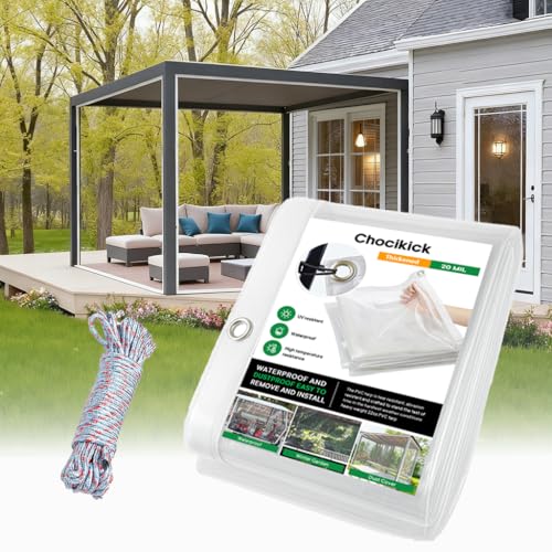 Clear Tarp Heavy Duty Waterproof 10 x 20 FT, 20 Mil Clear Tarps with Grommets, Heavy Duty Clear Vinyl Tarp for Patio Pergola Garden Canopy Rainproof Wind-Proof Anti-Tear (10 x 20 FT)