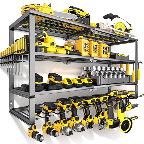 YYR Large Power Tool Organizer Wall Mount, Heavy Duty Metal Cordless Drill Storage Rack with Battery Charging Station Shelf, Utility Racks for Garage Organization, 4 Layer 10 Drills Holder Extra Tall
